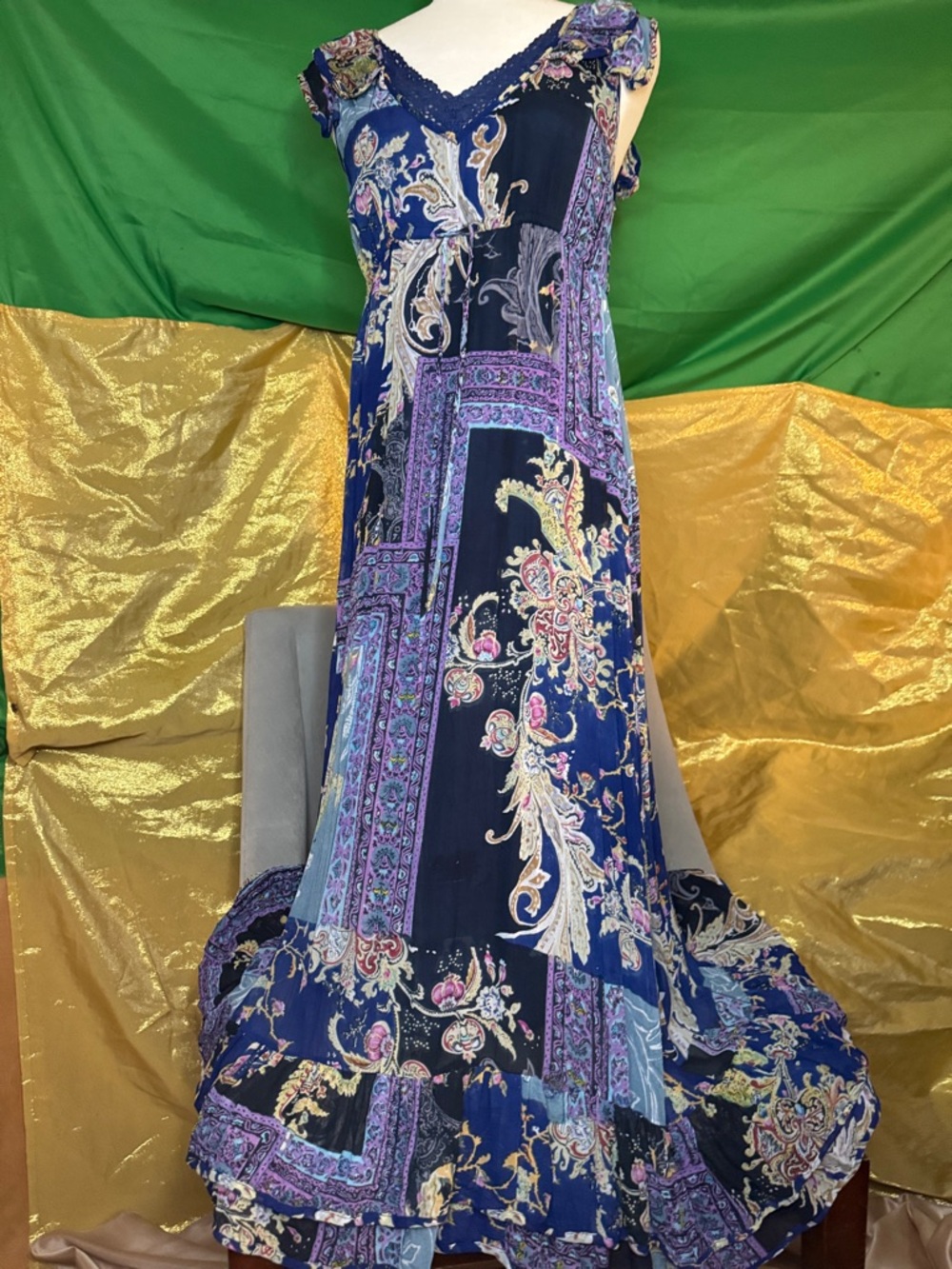 Bila Navy, Black, Purple, Beige Rayon.    V-Neck Dress with Paisley Detail